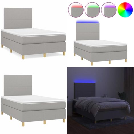 Cama box spring con colchón y LED tela gris claro 120x190 cm - Cama con cabecero ajustable - Cama con colchón ensacado