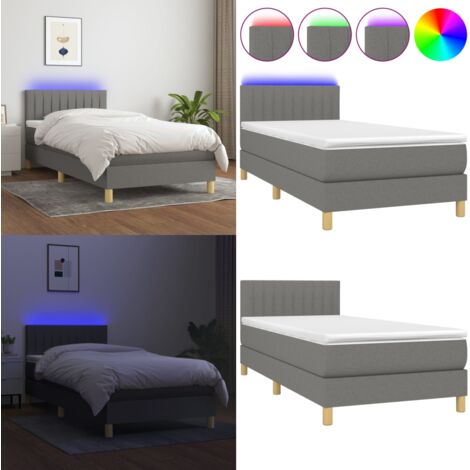 Cama box spring con colchón y LED tela gris oscuro 100x200 cm - Cama box spring - Colchón con LED