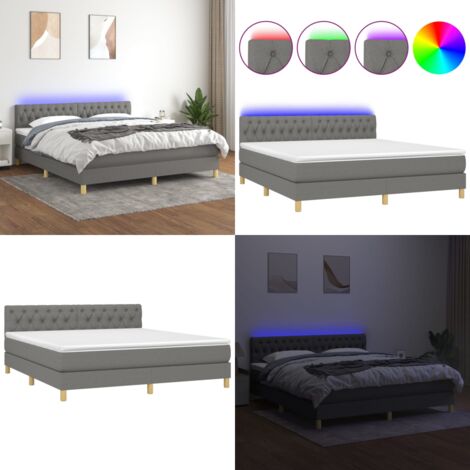 Cama box spring con colchón y LED tela gris oscuro 160x200 cm - Cama con cabecero ajustable - Cama con muelles ensacados