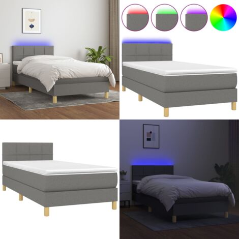 Cama box spring con colchón y LED tela gris oscuro 80x200 cm - Colchón con LED - Cama con luz LED