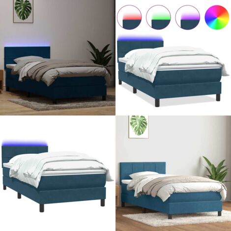 Cama box spring con colchón y LED terciopelo azul oscuro 80x220 cm - Colchón con muelles ensacados - Cama con luz LED