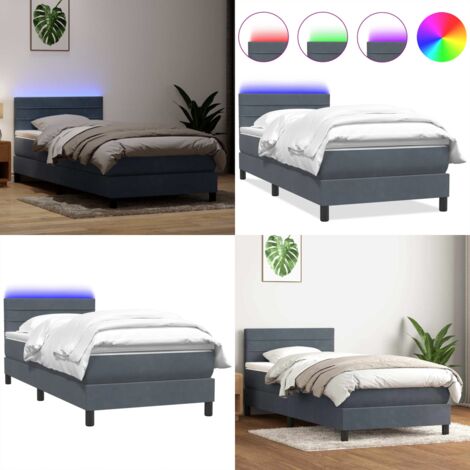 Cama box spring con colchón y LED terciopelo gris oscuro 80x210 cm - Cama con luz LED - Colchón ensacado