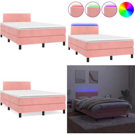 Cama box spring con colchón y LED terciopelo rosa 120x190 cm - Cama box spring - Colchón con luz LED