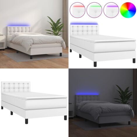 Cama box spring y colchón LED cuero sintético blanco 90x190 cm - Colchón con muelles ensacados - Cama box spring
