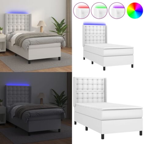 Cama box spring y colchón LED cuero sintético blanco 90x200 cm - Colchón LED - Cuero sintético