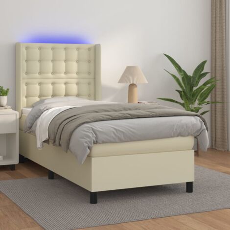 Cama box spring y colchón LED cuero sintético crema 90x190 cm