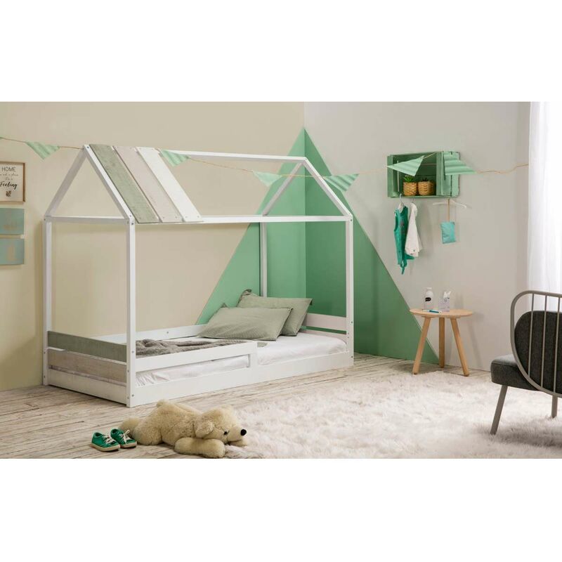 

Cama cabaña Ilenia 90X190 Blanco Verde y Topo (Largo 200 x ancho 98 x alto 150 cm)