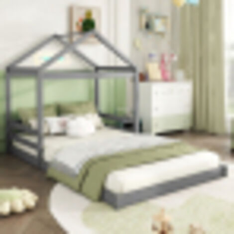 Cama cabina 140x200 cm casita diseño minimalista madera con somier color gris para niños y adolescentes(Sin colchón)