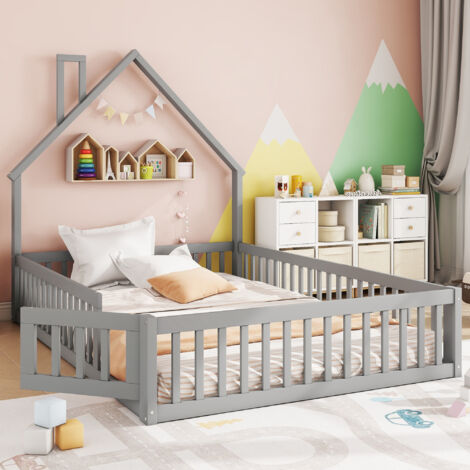 Cama cabina 140x200 cm diseño chimenea Lúdica con somier madera color gris para niños(Sin colchón)