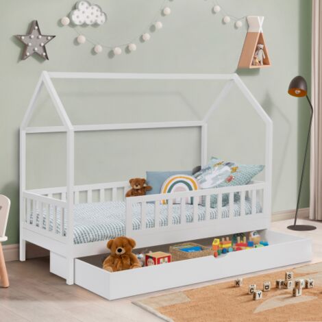 Cama cabina infantil 80 x 160 CM NEREE blanca con 1 cajón nido extraíble y espacio de almacenamiento