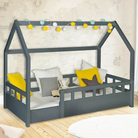 IDMARKET Cama cabina infantil 80 x 160 cm NEREE gris con somier de láminas y barandillas