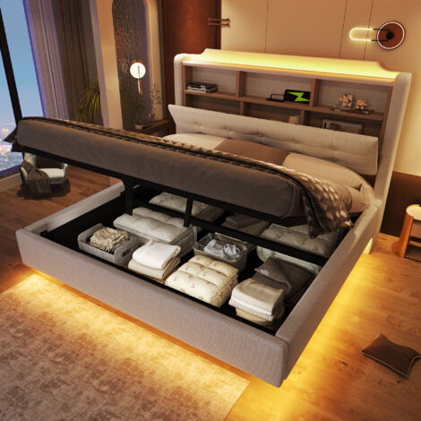 Cama Canapé 140×200 cm, Cama Doble con LED Regulable, USB, Tipo C y Arcón Hidráulico, sin Colchón, en Lino Beige