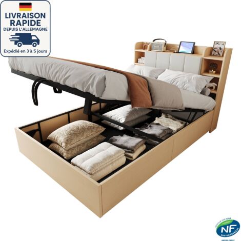 Cama canapé 140x200 - Cama 140x200 Cama adulto + 1 somier - Canapé cabecero con puertos USB y enchufes Tape-C - Madera certificada PEFC - Color madera