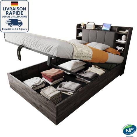 Cama canapé 140x200 - Cama 140x200 Cama adulto + 1 somier - Canapé cabecero con puertos USB y enchufes Tape-C - Madera con certificación PEFC - Gris