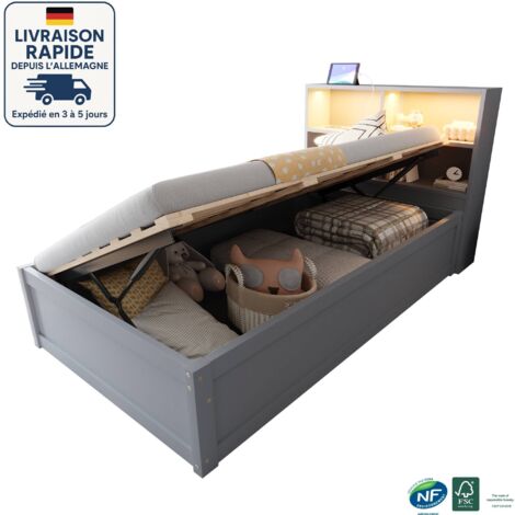 Cama canapé 90x200 - Cama individual 90x200 - Con varios enchufes y compartimentos de almacenaje - Cabecero con LED - Madera certificada PEFC - Gris