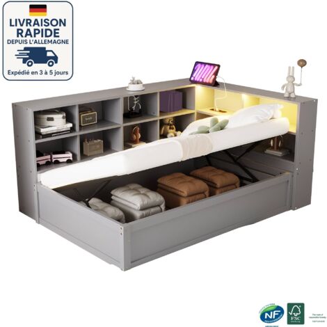 MODFU Cama canapé 90x200 - Cama individual 90x200 - Con varios enchufes y compartimentos de almacenaje - LED - Madera certificada PEFC - Gris