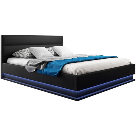 MUEBLES BONITOS Cama Canapé de matrimonio Cama doble con Cabecero y Canapé LED Somier lamas Negro Madera y polipiel Modelo Nitas Para Colchón 150x190