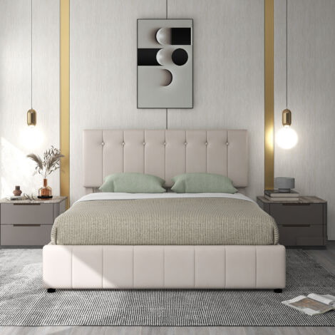 Cama canapé doble hidráulica tapizada con mecanismo elevable, 140x200 cm, con cabecero ajustable, terciopelo - Blanco