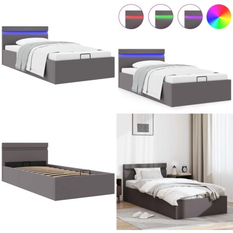 Cama canapé hidráulica con LED cuero sintético gris 90x200 cm - Cama con luz LED - Cama con almacenamiento