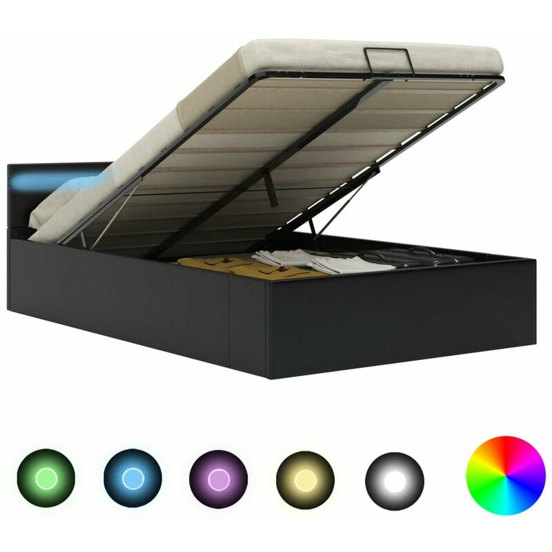 

Cama canape hidraulica con LED cuero sintetico negra 140x200 cm
