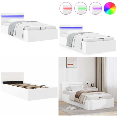 Cama canapé hidráulica con LED sin colchón blanco 90x200 cm - Cama con luz LED - Cama con almacenamiento