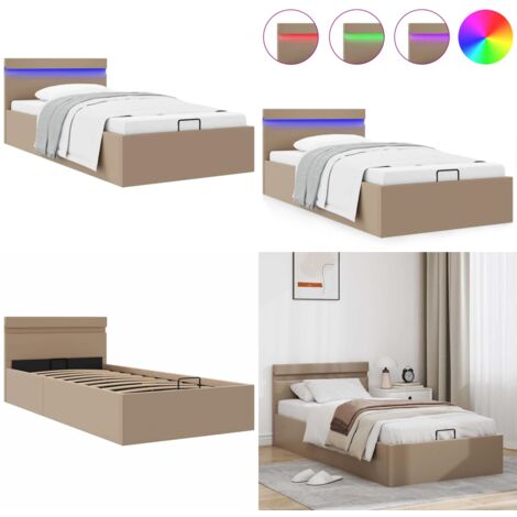 Cama canapé hidráulica LED cuero sintético capuchino 100x200 cm - Cama con luz LED - Cama con almacenamiento