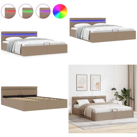 Cama canapé hidráulica LED cuero sintético capuchino 160x200 cm - Cama con luz LED - Cama con almacenamiento
