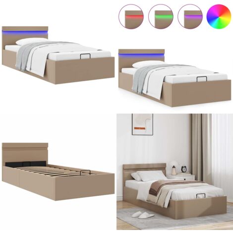 Cama canapé hidráulica LED cuero sintético capuchino 90x200 cm - Cama con luz LED - Cama con almacenamiento