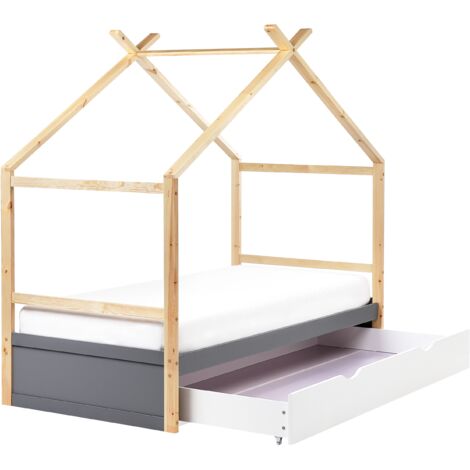 Cama casa infantil de madera de pino con somier y un cajón de almacenaje 90 x 200 cm gris Orgeval