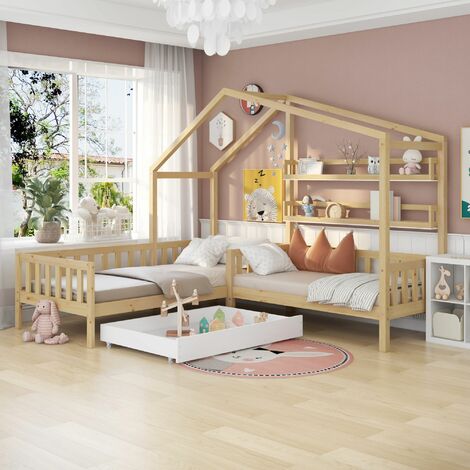Cama casita infantil con cajones y baldas, madera maciza con valla y somier, estructura L, natural (90x200 cm+140x70cm)