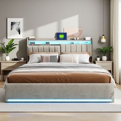 Cama cofre 140x190 cm - TANANT - Terciopelo gris - LED integrada - Almacenamiento hidráulico