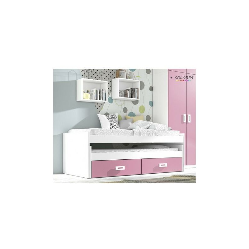 

La Cibertienda - Cama compacta 90x190 cms, color Rosa y Blanco, incluye dos cajones, ref-02
