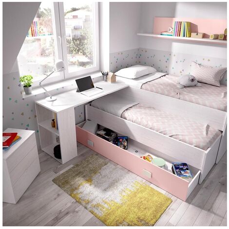 Cama nido gamer 2 x 90 x 200 con escritorio y LEDs antracita y rojo +  somier VOUANI