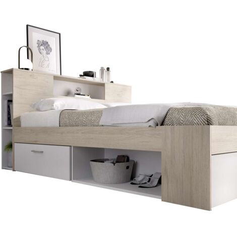 Cama compacta matrimonio Pozo Alcón en natural/blanco, 95cm(alto) 147cm(ancho) 219cm(largo)
