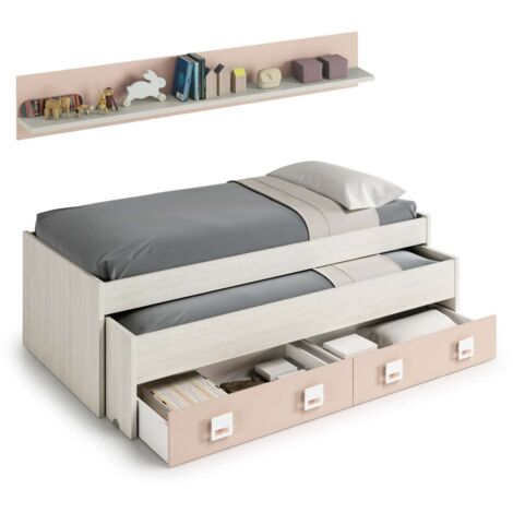 Cama compacta y estantería Nube acabado blanco alpes/rosa, 65cm(alto) 199cm(ancho) 96cm(largo)