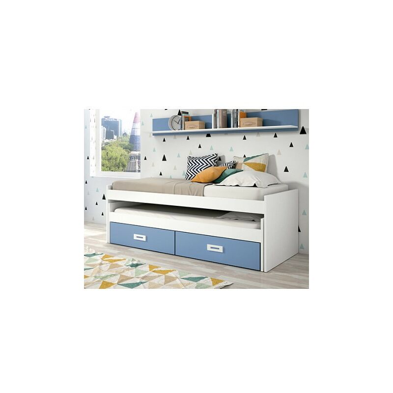 

La Cibertienda - Cama compacto 90x190 cms, color Azul y Blanco, incluye dos cajones, ref-02