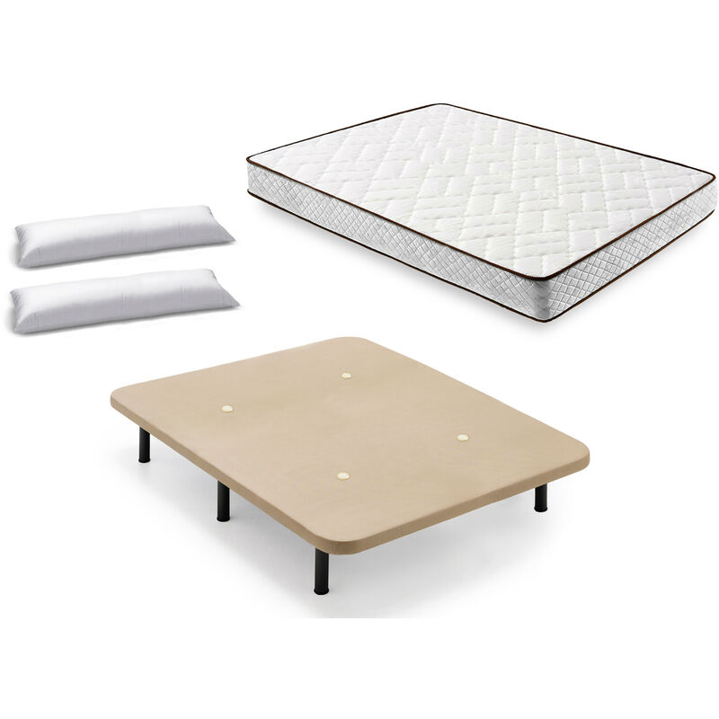 

Hogar24 - Cama Completa - Colchón Flexitex con Tejido 3D y Aloe Vera, Altura 18 cm + Base Tapizada Beige con Patas de 25 cm + Almohada de Fibra,