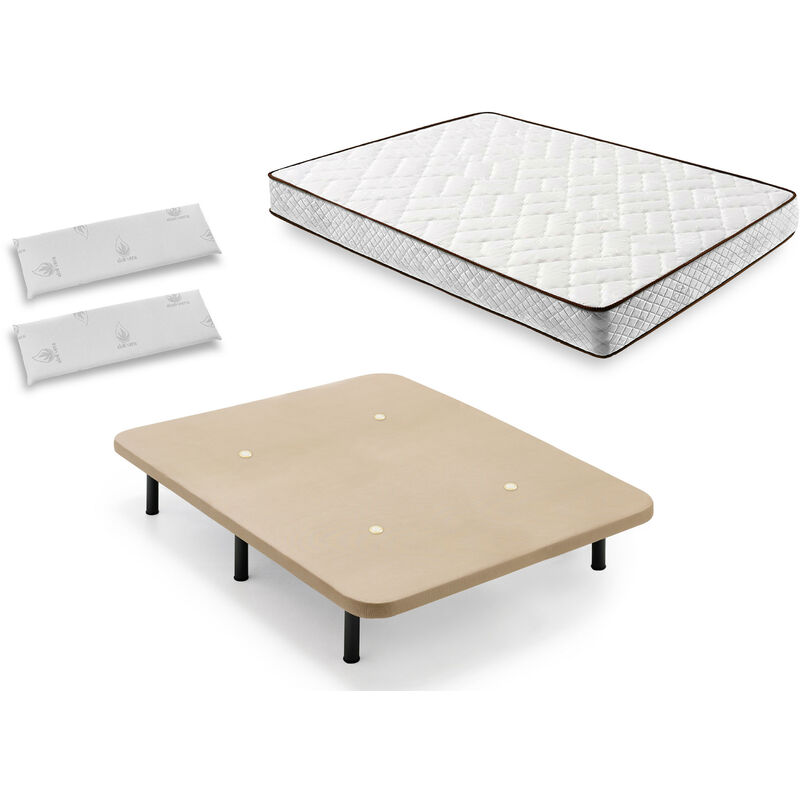 

Hogar24 - Cama Completa - Colchón Flexitex con Tejido 3D y Aloe Vera, Altura 18 cm + Base Tapizada Beige con Patas de 25 cm + Almohada de Visco,