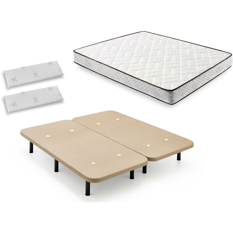 

Hogar24 - Cama Completa - Colchón Flexitex con Tejido 3D y Aloe Vera, Altura 18 cm + Base Tapizada Beige con Patas de 25 cm + Almohada de Visco,