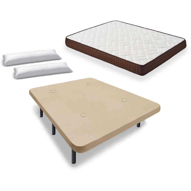 

Cama Completa - Colchon Viscobrown Doble Capa Viscosoft, Altura 15 cm + Base Tapizada Beige con Patas de 25 cm + Almohada de Fibra, 140x180 cm