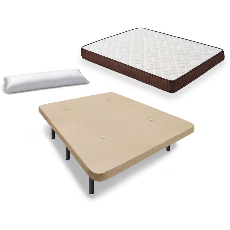 

Cama Completa - Colchon Viscobrown Doble Capa Viscosoft, Altura 15 cm + Base Tapizada Beige con Patas de 32 cm + Almohada de Fibra, 120x190 cm