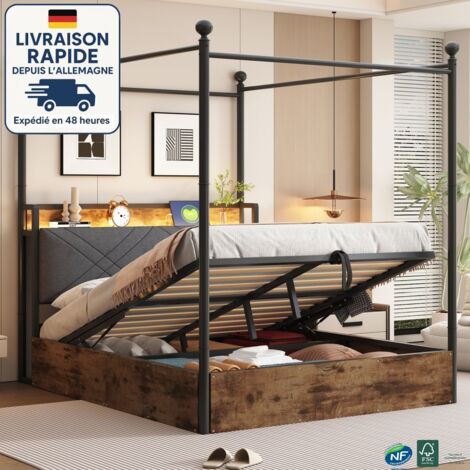 Cama con almacenaje 140x190 - Cama de 140x190 - Barandillas desmontables / LED integrado y puerto de carga - Con mecanismo de elevación hidráulico - Estilo industrial - negra