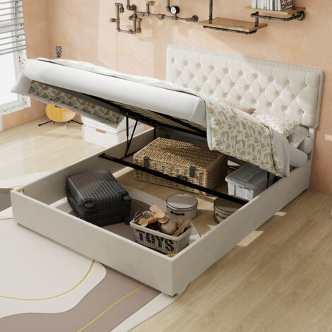 Cama con almacenaje 140x200cm Cabecero acolchado terciopelo holandés tejido y metal beige (Sin colchón)