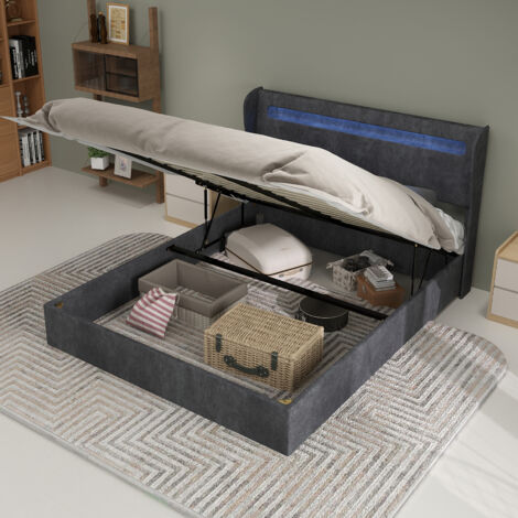 Cama con almacenaje 140x200cm con iluminación LED tapizado y metal gris (Sin colchón)