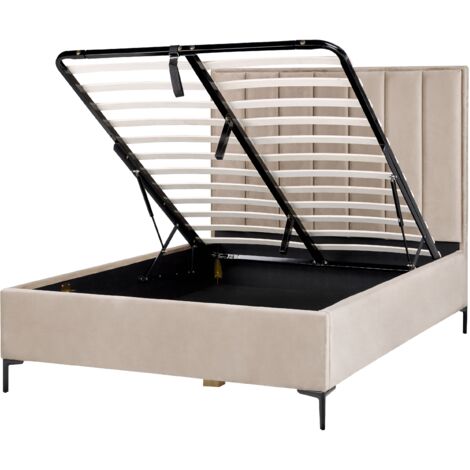 Cama con almacenaje cabecero acolchado patas negras metal terciopelo gris pardo 140 x 200 cm SEZANNE