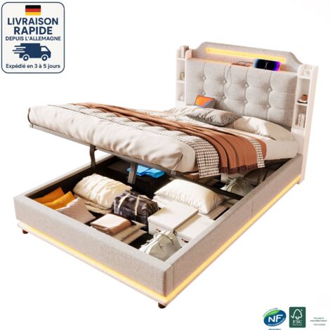 Cama con almacenaje de 140 x 200 cm - Cama para adultos de 140 x 200 cm - Estilo escandinavo - Con tira de luz LED - Múltiples compartimentos - USB + TYPE-C - Lino - Madera con certificación PEFC - Be