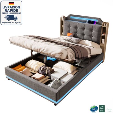 Cama con almacenaje de 140 x 200 cm - Cama para adultos de 140 x 200 cm - Estilo escandinavo - Con tira de luz LED - Múltiples compartimentos - USB + TYPE-C - Lino - Madera con certificación PEFC - Gr