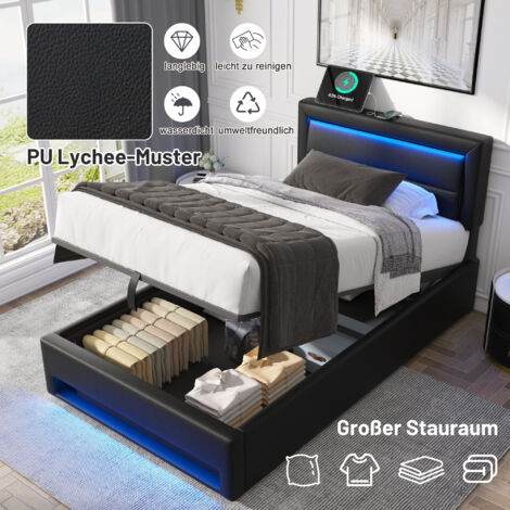 Cama con almacenaje de 90x200 cm, cama para adultos, USB (admite carga inalámbrica y por cable), LED, cama individual, piel sintética, negro