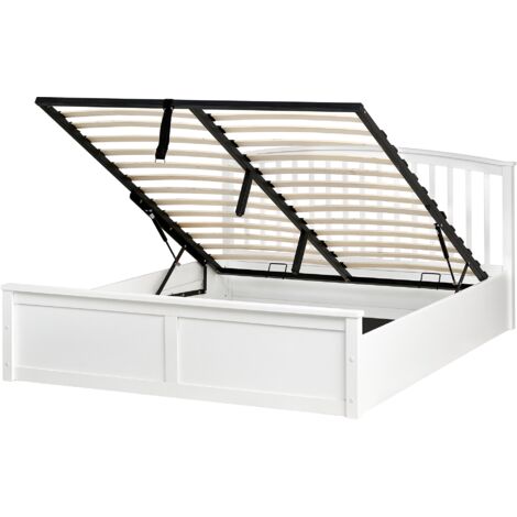 Cama con almacenaje de madera de pino con marco elevable 160 x 200 cm blanco Clarbec