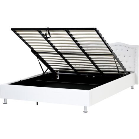 Cama con almacenaje de piel sintética blanco plateado 180 x 200 cm botones Metz